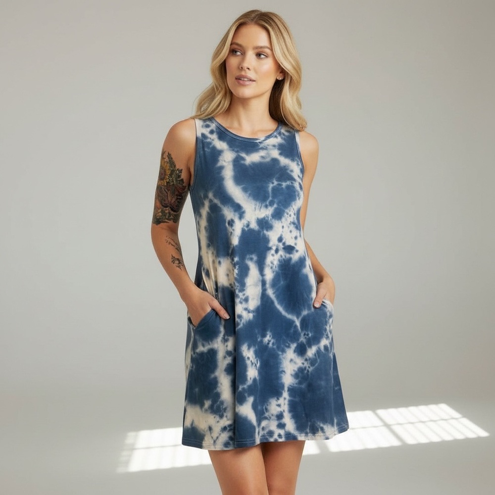 Blue Tie Dye Sleeveless Swing Dress Pockets Casual Summer Beach Cover Up Size M